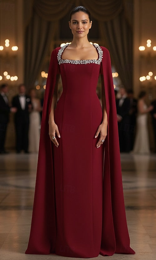 Sheath Column Sweep Brush Train Floor Length Prom Dresses Evening Gown Ball Gown Formal Dress Elegant Glittering Celebrity Style Long Sleeve Square Neck Garden Party Wedding Stretch Crepe with 2026