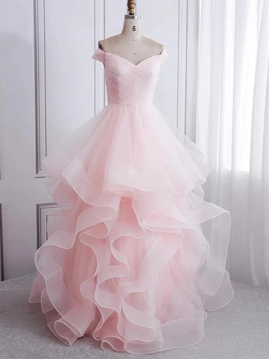 Long A-line Off the Shoulder Tulle Fluffy Graduation Prom Dresses by BIZTUNNEL