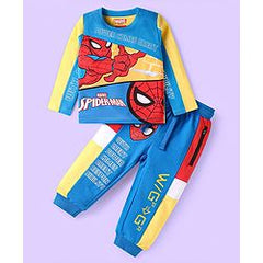 Babyhug Marvel Single Jersey Knit Full Sleeves Cut & Sew Spider Man Printed T-Shirt & Joggers Set - Blue Yellow & Red