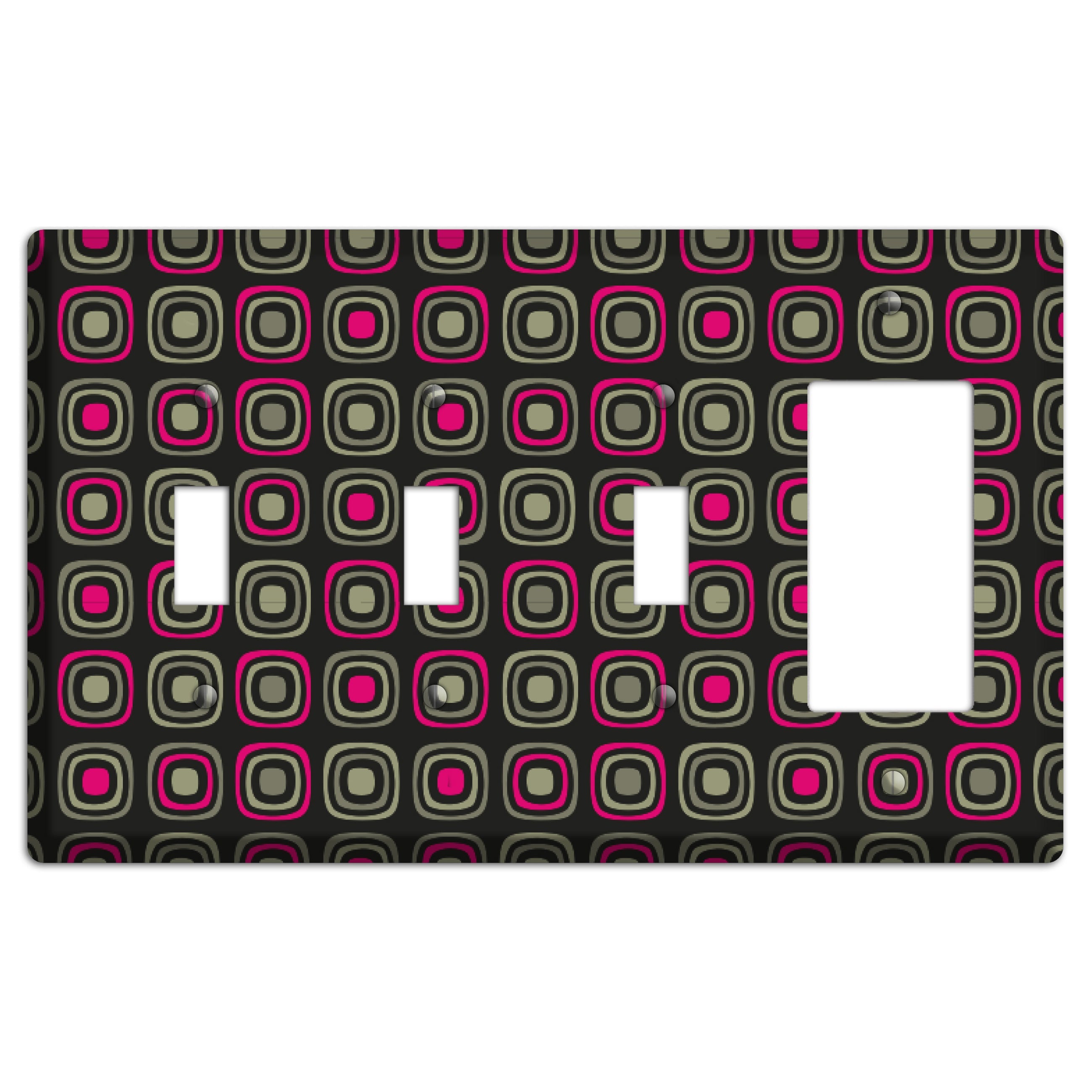 Multi Brown Fuschia Olive Retro Squares 3 Toggle / Rocker Wallplate