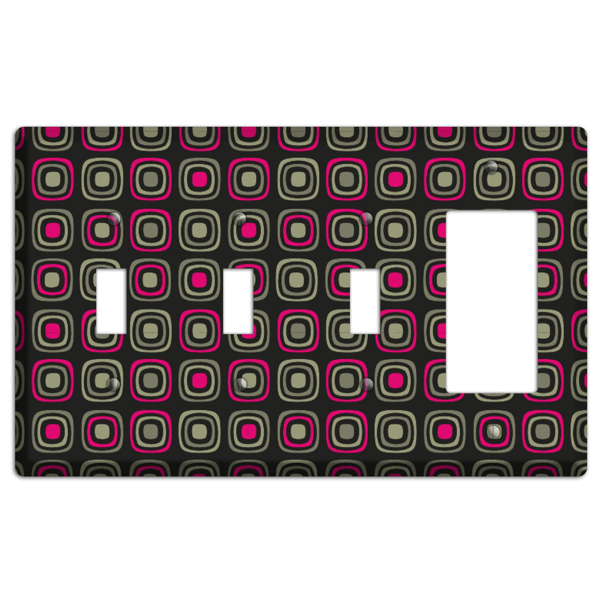 Multi Brown Fuschia Olive Retro Squares 3 Toggle / Rocker Wallplate