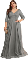 Plus Size Floor Length Formal Evening Gown for Mother of Bride Glitter Long Sleeves V-Neck Prom Dress for Women