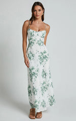 Bettina Midi Dress – Green & White Printed Slip Dress with Ruched Bust & Strappy Detail