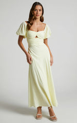 Vynna Midi Dress – Butter Yellow Puff Sleeve A-Line Dress with Ruched Bust & Scoop Neck