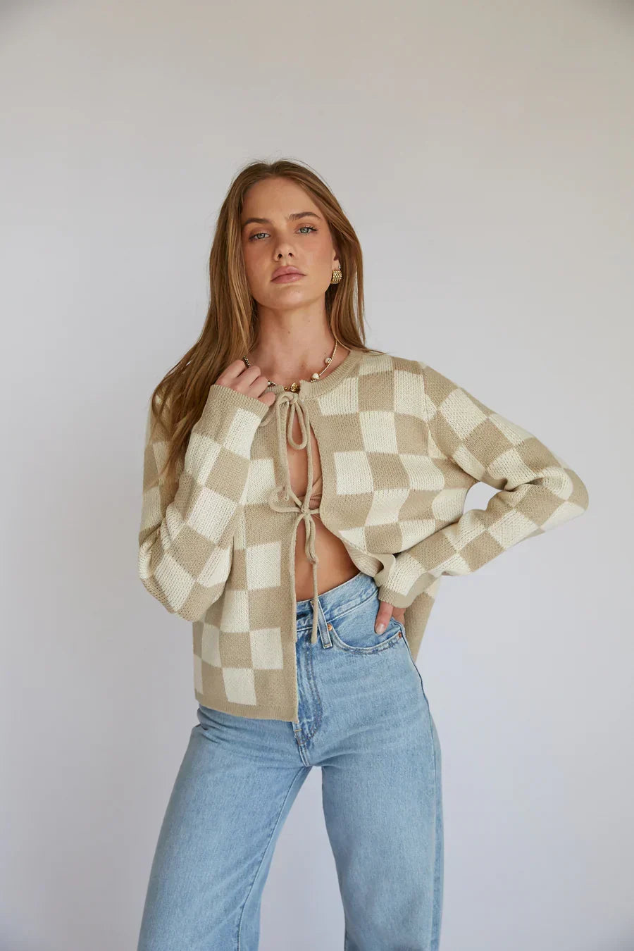 Agnes Checkered Knit Bow Cardigan