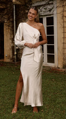 Eden One Shoulder Tie Front Maxi Dress - Champagne