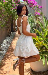 Beginning Boutique Adair White Mini Dress white square neck mini dress with ruffled shoulder straps and a tiered A-line skirt
