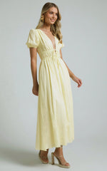 Portofino Midi Dress – Yellow V-Neck Puff Sleeve Midi for Effortless Daytime Style
