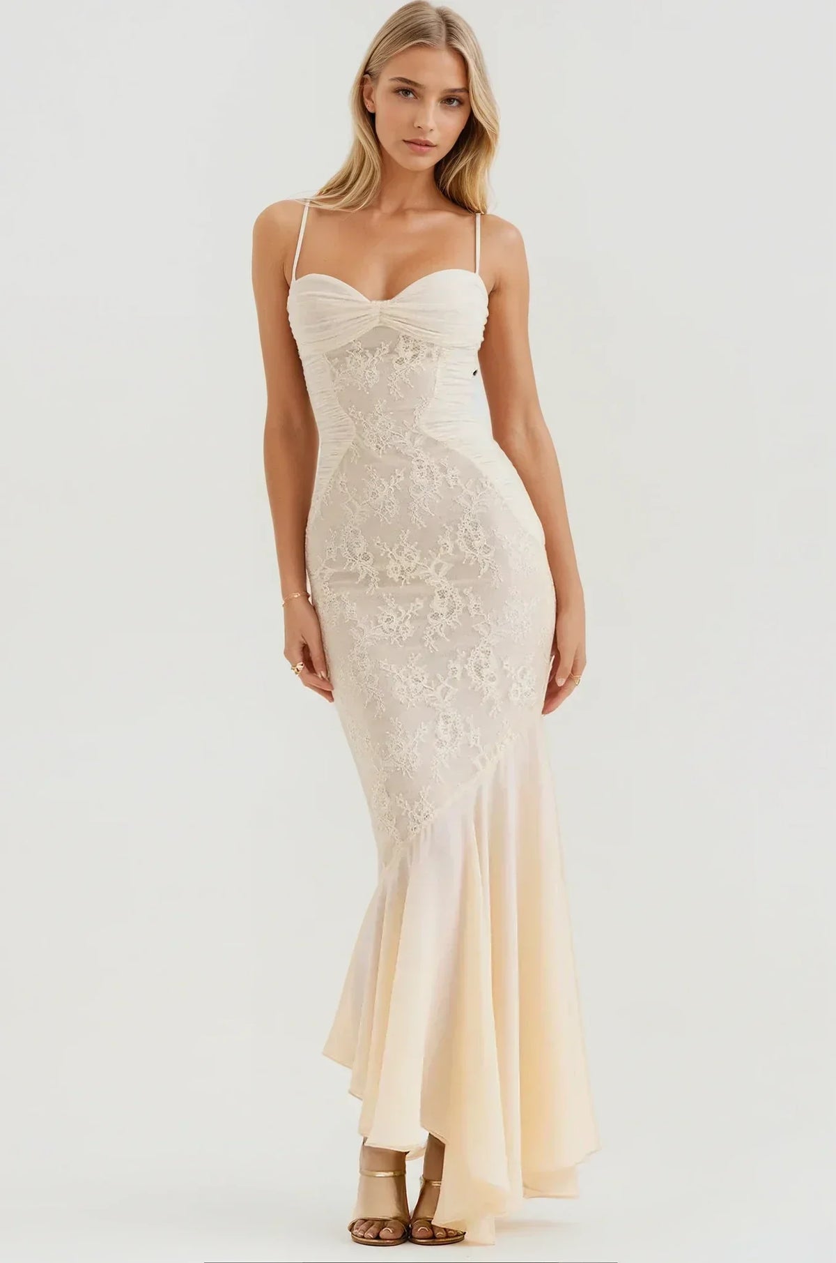 Celeste Ruched Lace Panel Maxi Dress