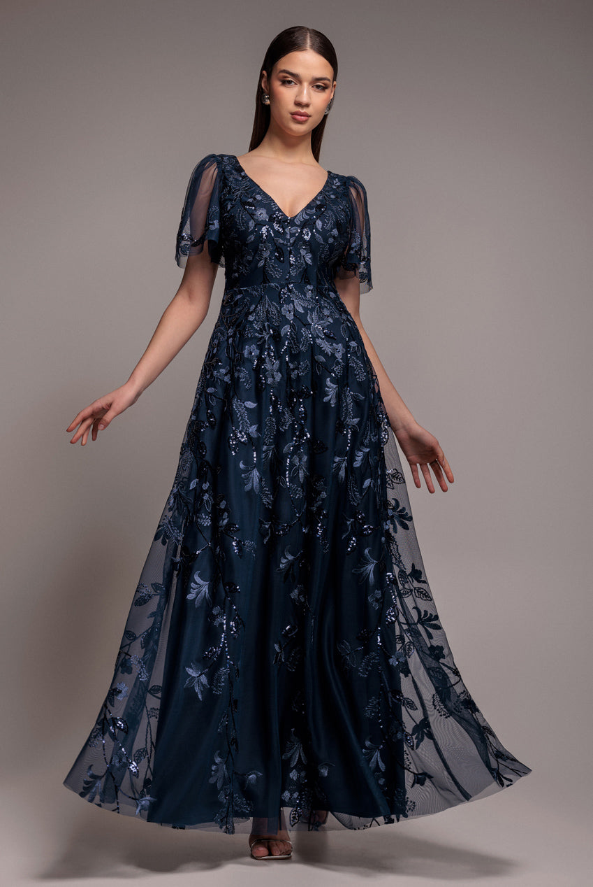 Goddiva Flared Sleeve Embroidered Maxi Dress - Navy Blue