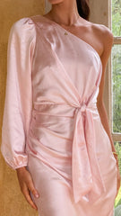 Eden One Shoulder Tie Front Maxi Dress - Pink