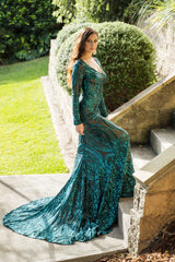 Emerald Green Embroidered Pattern Sequin Fitted Floor Length Gown, Long Sleeves, Deep V Neck, Long Mermaid Train