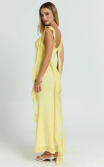Rosha Butter Maxi – Ruched Ruffle Strap Gown in Sunny Yellow