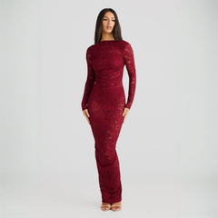 Stella Lace Backless Sculpting Ruched Burgundy Maxi Dress