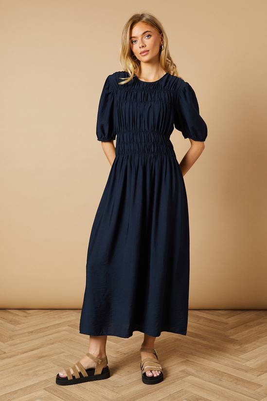 Navy Oasis Shirred Bodice Puff Sleeve Midi Dress