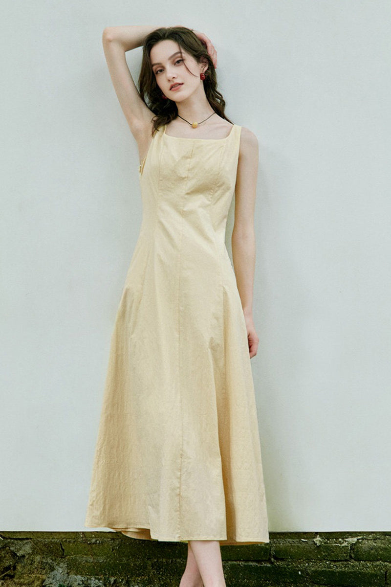 Butter Yellow Cotton Sleeveless A-Line Maxi Dress  Fibflx