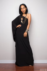 Black one shoulder dress by Nuichan, Stylish black cocktail dress.  Off the shoulder caftan dress in black